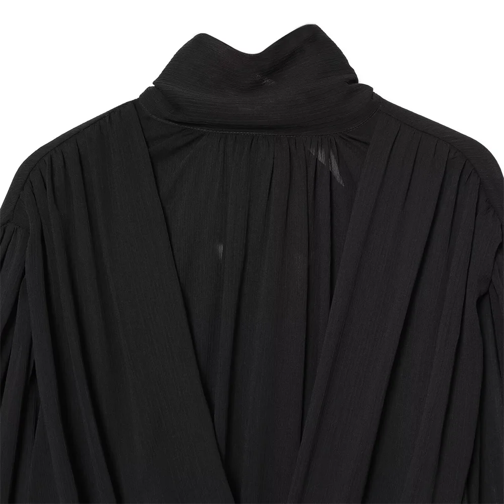 Inverno nova moda feminina gola alta manga comprida design inchado curto semi transparente camisa balão plissado