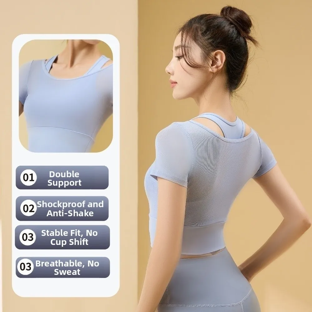 Camicie da yoga da donna a maniche corte Maglia imbottita Abbigliamento sportivo da fitness Traspirante Falso 2 pezzi T-shirt sportive Canottiera da corsa