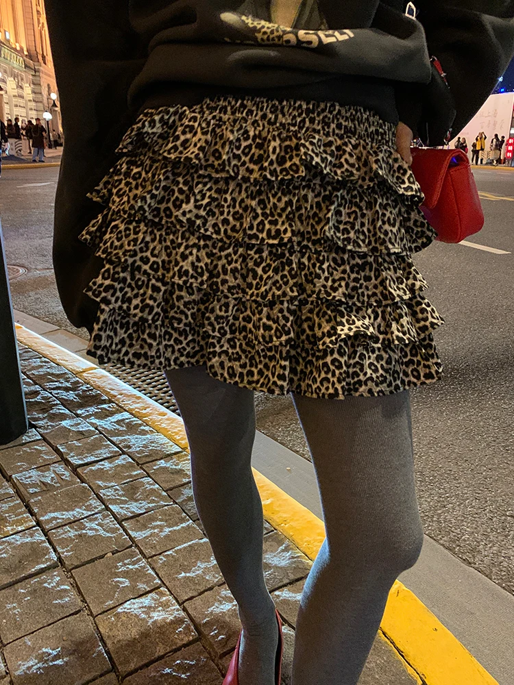 

Women's Autumn Winter Leopard Print Skirt A-Line Cake Skirt Versatile mid Waist Polyester Fabric Commute Sle ort Skirt