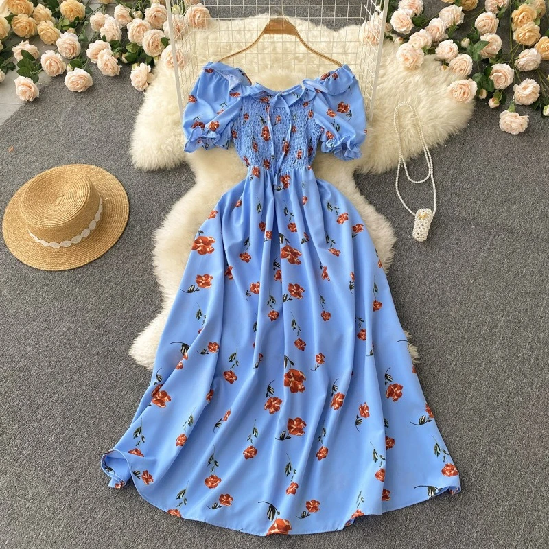 

Small Fresh French Retro Fairy Thin Floral Dress High Waist Drawstring Pleated Waist Thin Big Swing Dress Temperament Sweet