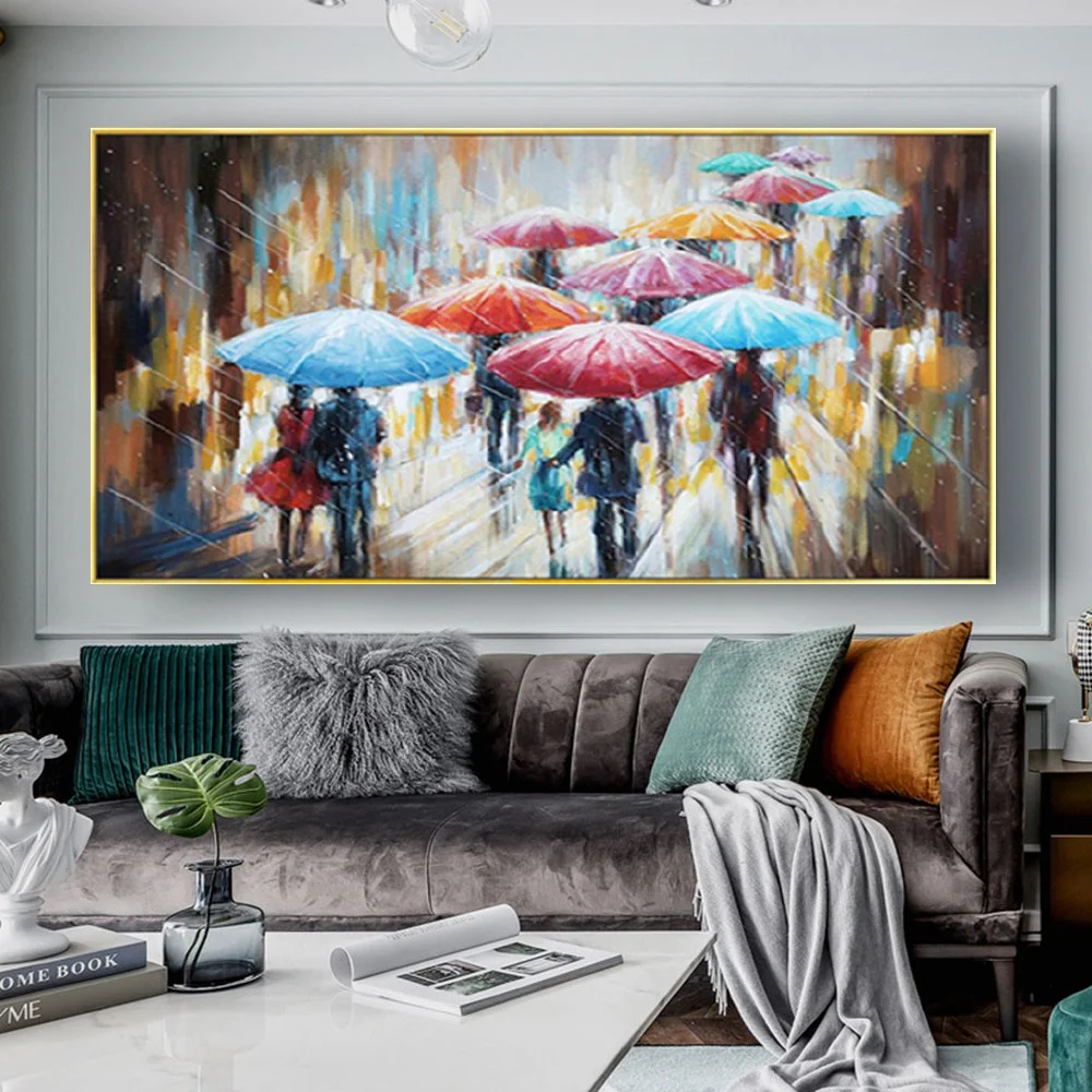 Hand-Painted Oil Painting Pedestrian In Umbrella Street View Decorative Canvas Wall Art Decor Artwork For Living Room Decoration