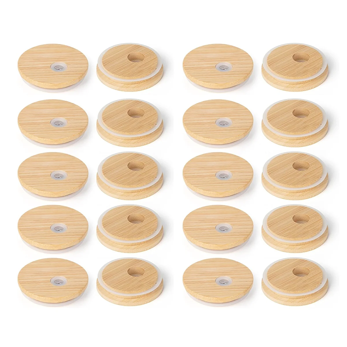 Bamboo Lids with Straw Hole, 2.76inch/70mm Canning Lids with Silicone Ring for Regular Mouth Drinking Jars, (20Pcs)