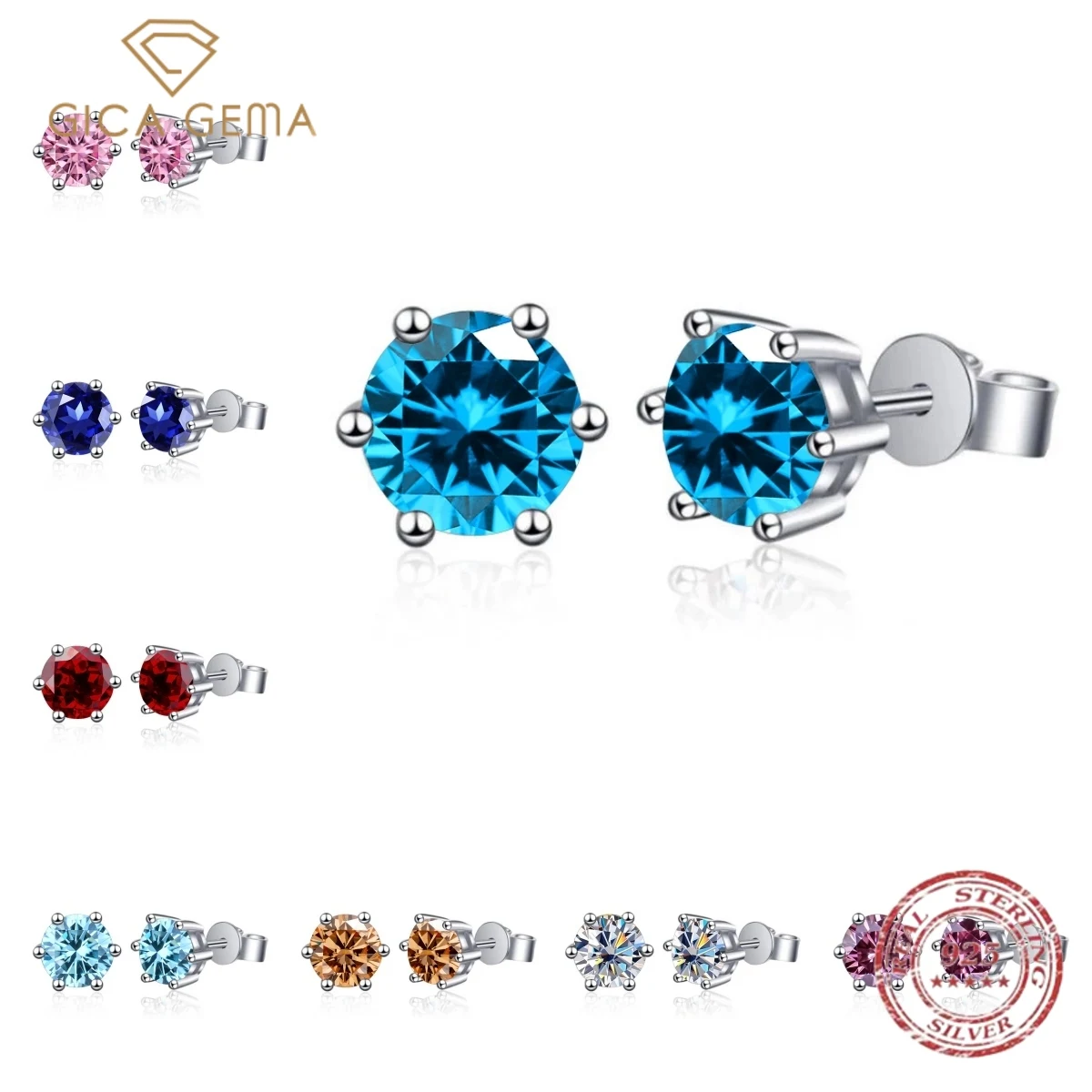 

Gica Gema 100% 925 Sterling Silver CZ Multicolour Stud Earrings Six Prong Round Cubic Zirconia Hypoallergenic Earrings For Women