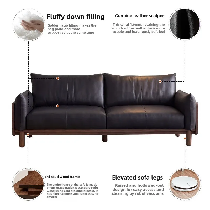 All solid wood sofa, retro style medium and small apartment living room three-person straight row walnut leather sofa