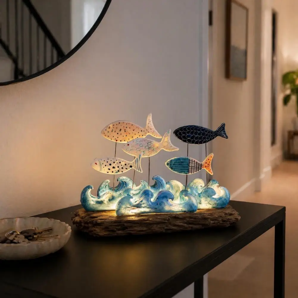 Artistic Ambient Light Coastal Fish Sculpture Nautical Ocean Tabletop Decor Handcrafted Wood Beach House Centerpiece with Warm