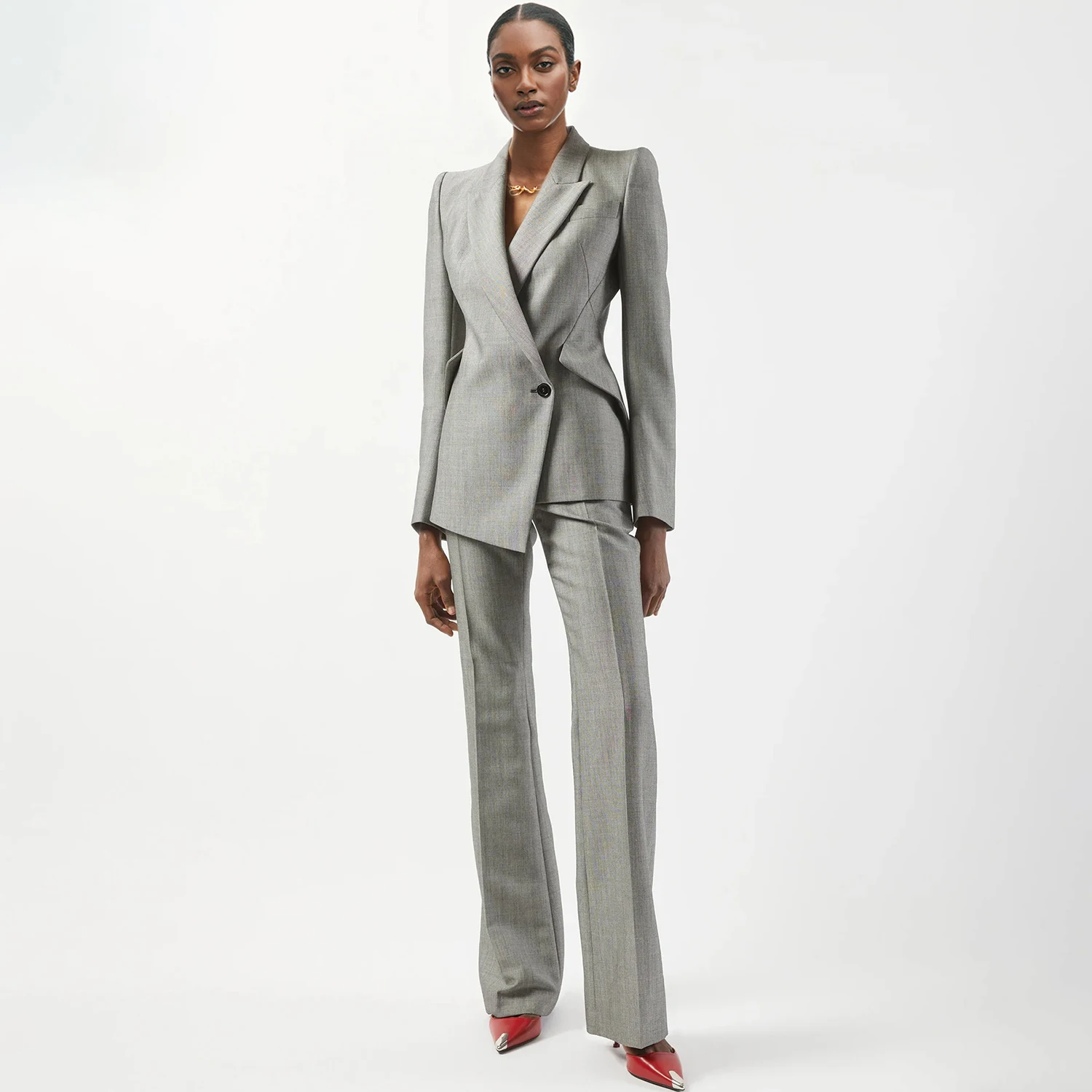 Allingentle رمادي المرأة 2 قطعة مجموعة بدلة عمل أنيقة الذروة التلبيب السترة Pantsuit مجموعة للحزب مكتب وتتسابق تخصيص #1