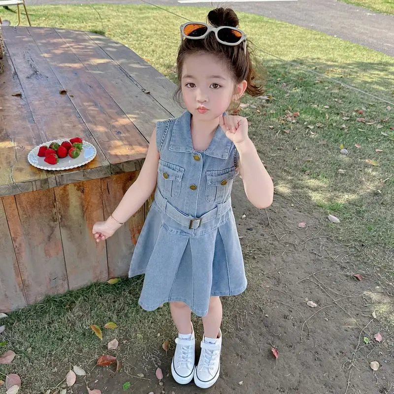 2024 Elegant Fashion Harajuku Slim Fit Children Clothes Loose Casual All Match Vest Skirt Solid Button Sleeveless Denim Dress