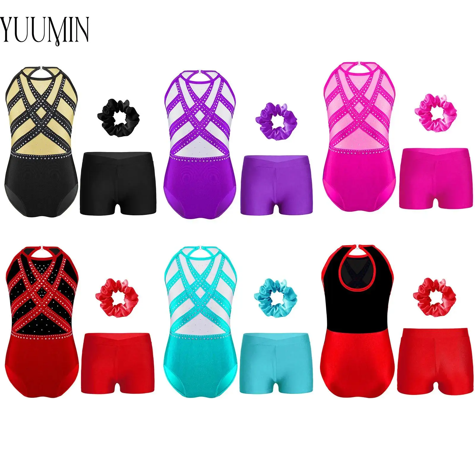 

Kids Ballet Gymnastics Outfit for Girls Figure Skating Costume Glittery Rhinestones Sleeveless Bodysuit with Shorts Headwear Set
