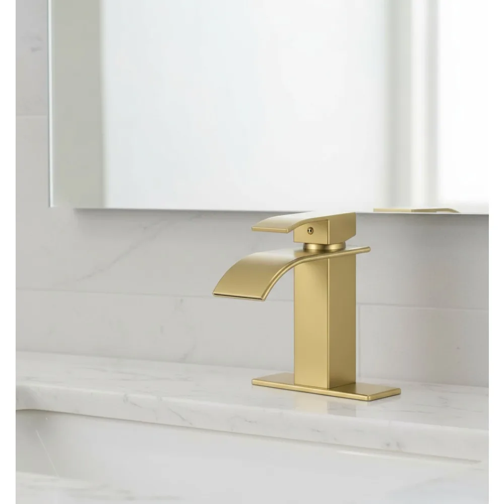 

Современный матовый золотой водопад, смеситель для раковины в ванной комнате, одна ручка, установка на 1-3 отверстия, простота управления