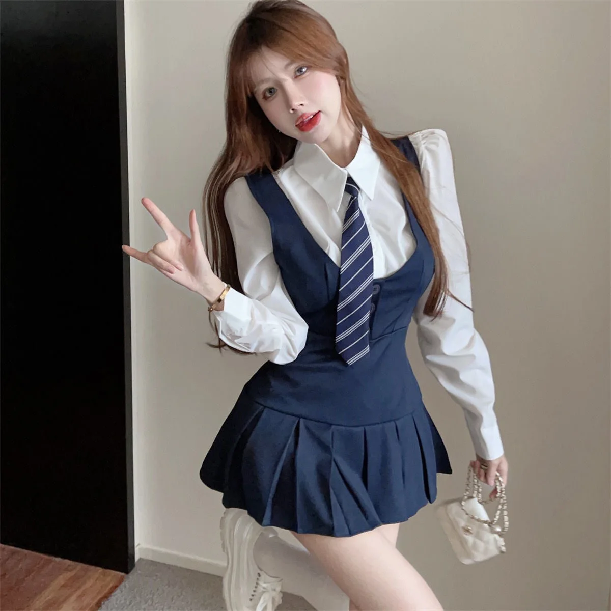 Spring Autumn Long Sleeve Uniform Dress Suit Navy 3 Piece Set Women's Tank Top Pleated Dress High Waist Slim Preppy Style Set