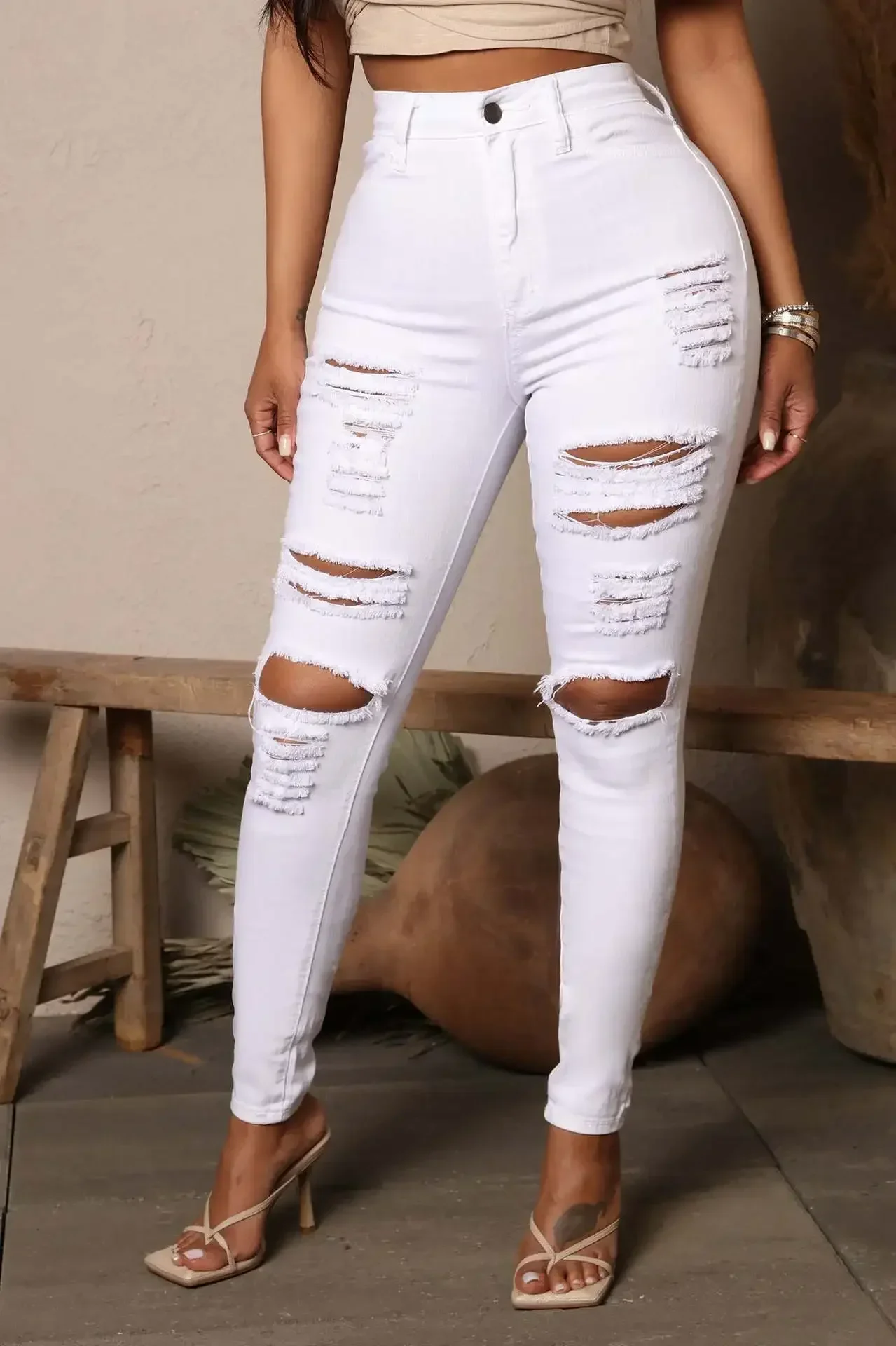 

New, Black and White Stretch Ripped Jeans, Women's Pants