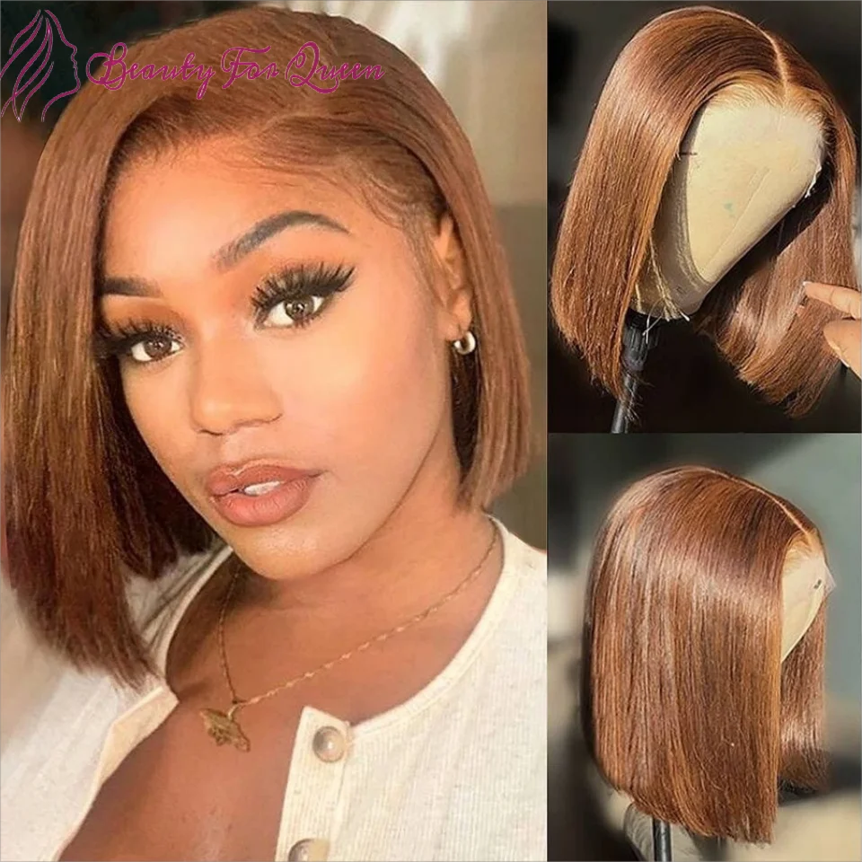 Straight Short Bob Wig Chocolate Brown Colored Lace Front Wig Transparent Bone Frontal Wig For Women  Glueless Wig Human Hair