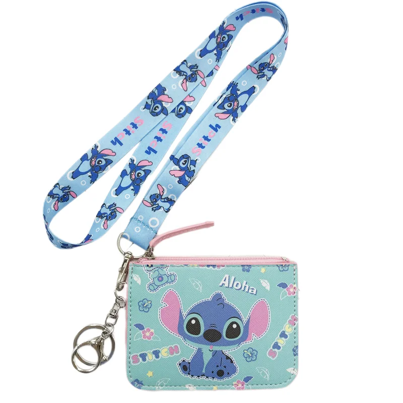 Disney Cartoon Coin Purse Cute Stitch Hanging Neck Long Rope Card Coin Storage Bag Mini PU Anti-lost Child Wallet Child Gift