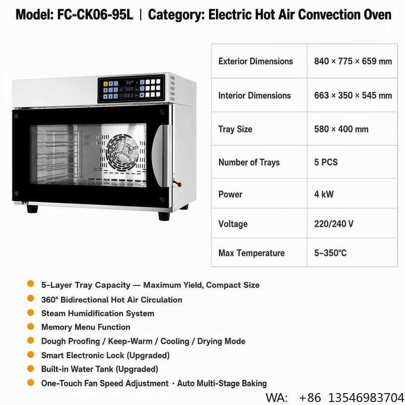 Multi-function 95L Steam Convection Oven for Bakery Restaurant Use Countertop High 3500W Touch Control High Speed Twoway Hot Air