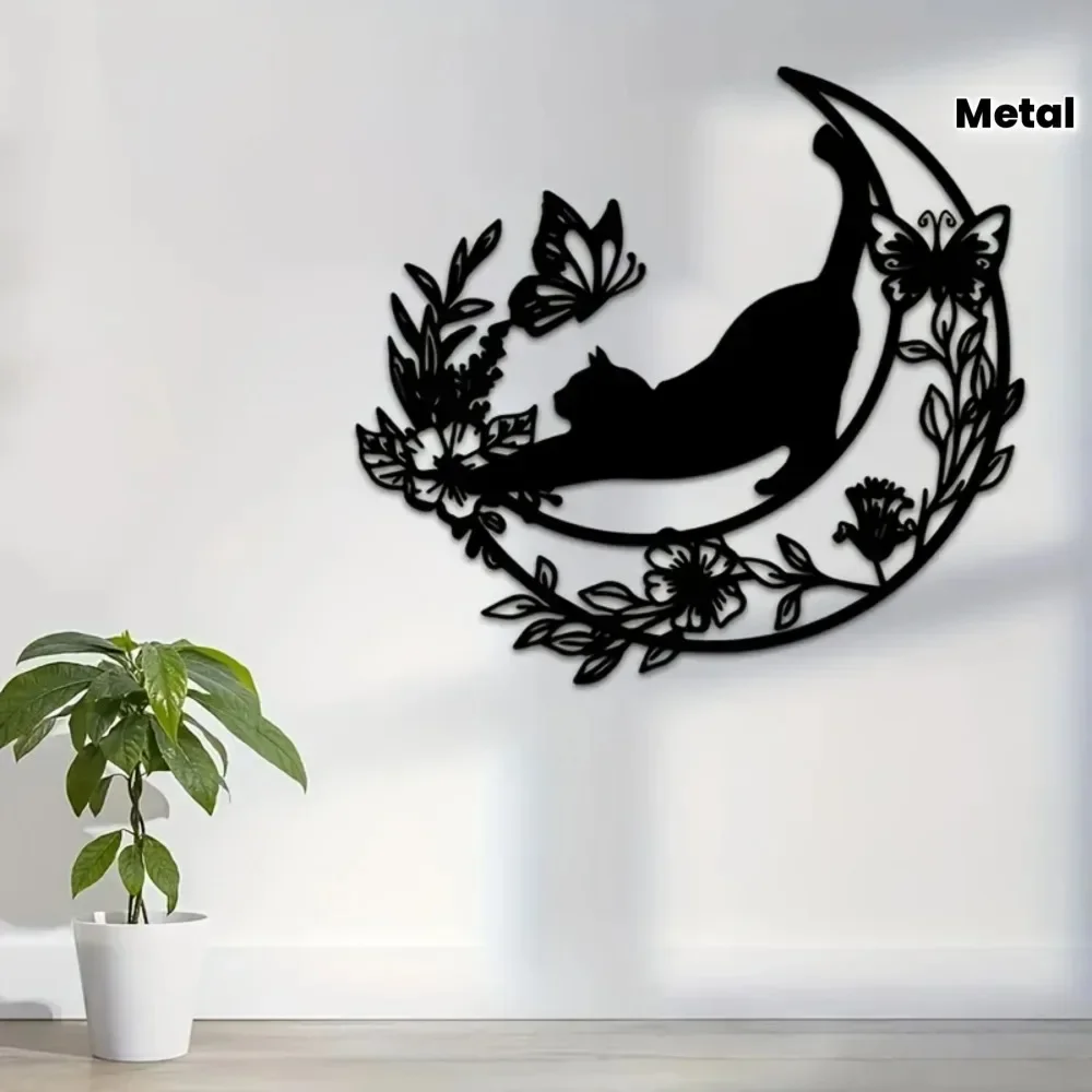 1pc Black Cat Moon Metal Wall Art, 11.81in Aluminum Decor, Waterproof & Scratch Resistant Hanging Ornament for Indoor