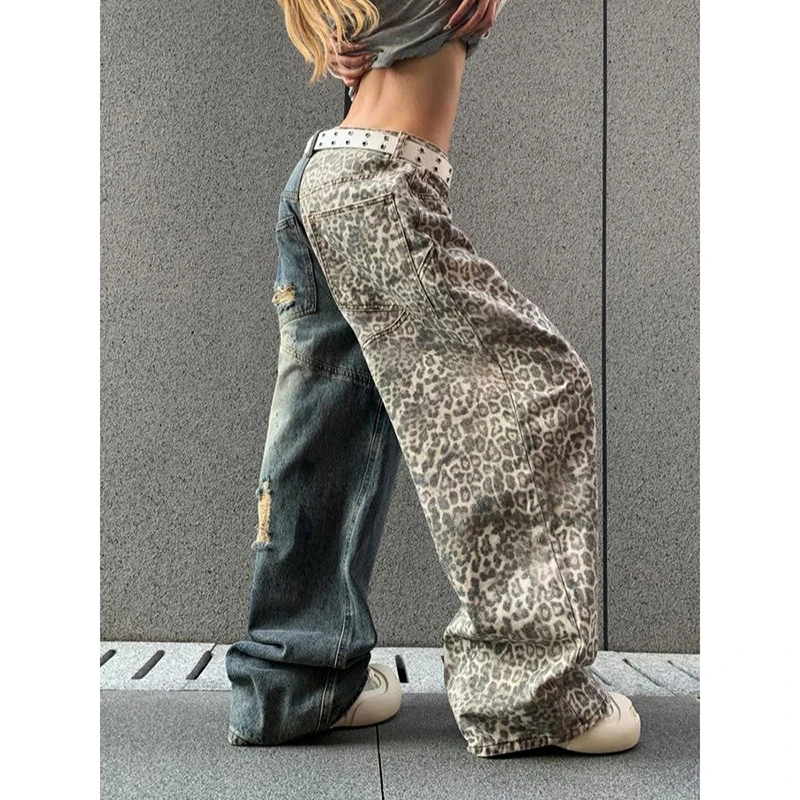 ZHIZOU Baggy-Jeans für Damen, Y2k, japanisch, amerikanisch, Retro, zerrissen, Leopardenmuster, Denim-Hose, Grunge, Harajuku, Hip-Pop, Cowboy, breite Passform