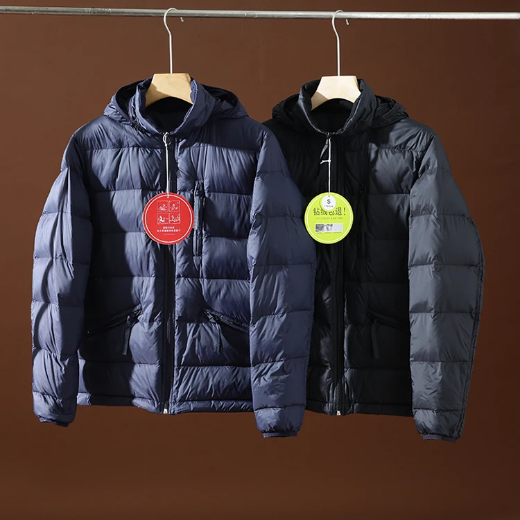 

Men's Lightweight Puffy Goose down Jacket Hooded Autumn Winter Fashionable City Style Regular Length Zipper Closure Outerwear