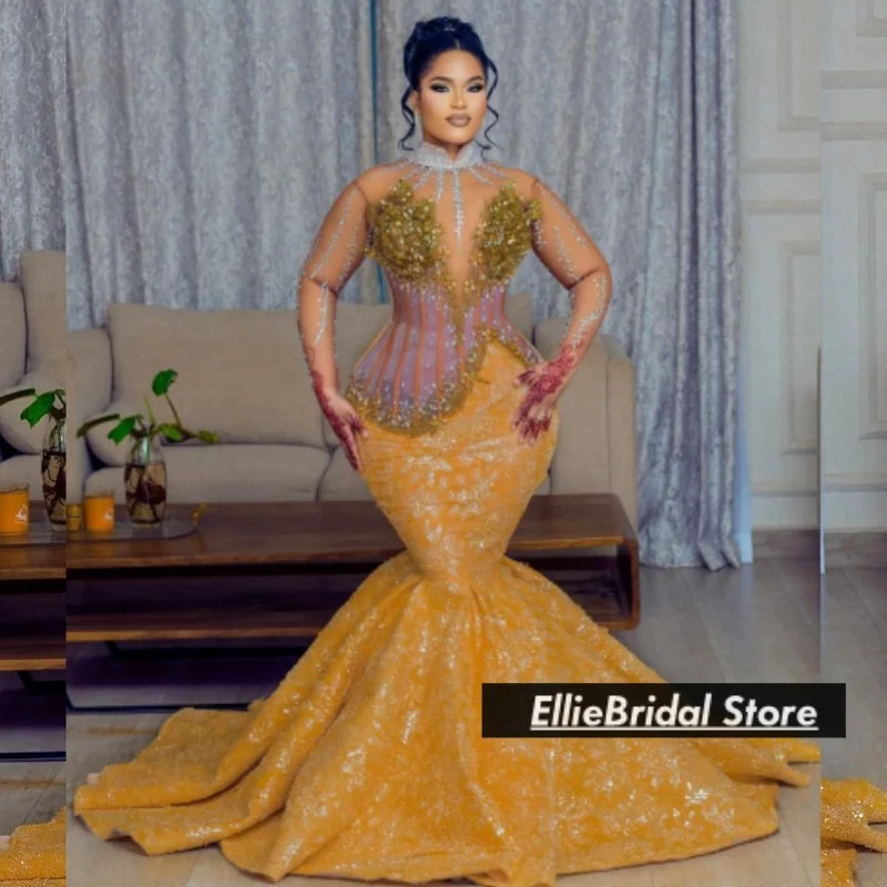 

Delicate Crystal Sequin High Neck Evening Dresses Luxury Beaded Sheer Top Long Mermaid Wedding Party Dress Prom Gowns Customized