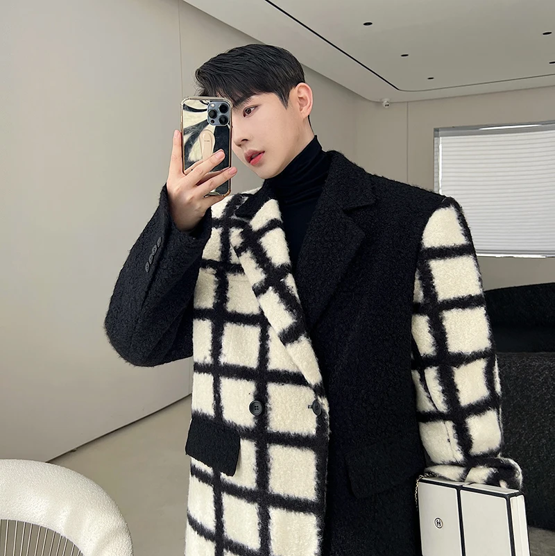 Men Autumn Winter Plaid Lambswool Splice Fashion Oversize Loose Casual Blazer Suit Jacket Male Vintage Wool Coat Outerwear