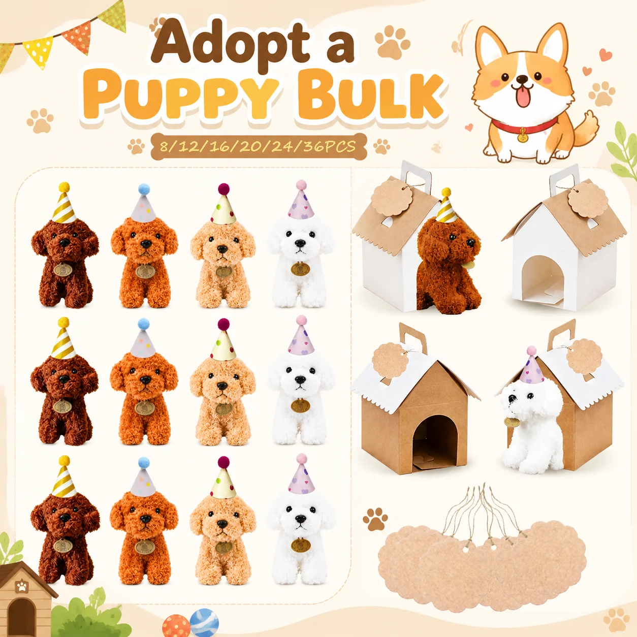 8-36Pcs Puppy Stuffed Animals Bulk Adopt A Puppy Party Favors with Card Hat Paper Boxes Birthday Stuffed Dogs Keychain for Kids