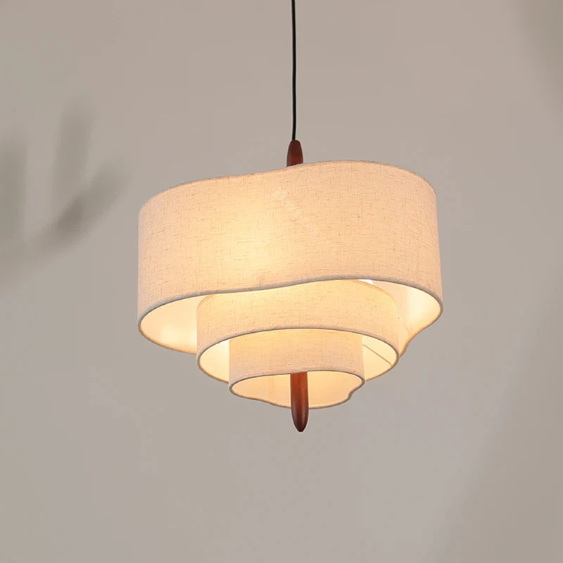 French Cream 3-Tier Wavy Linen Pendant Light Multi-Layer Fabric Shade Hanging Lamp Walnut Decor