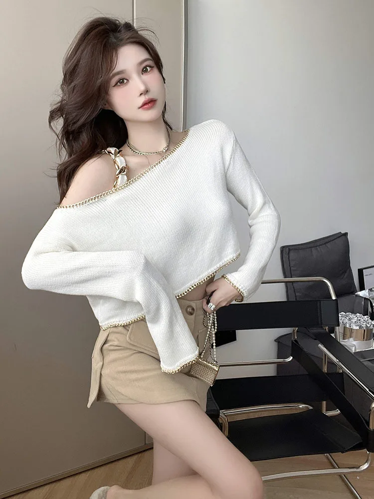 Patchwork Chain Slim Sexy Solid Knitted Pullover Women Square Collar Long Sleeve Tops Female Style 2023 New