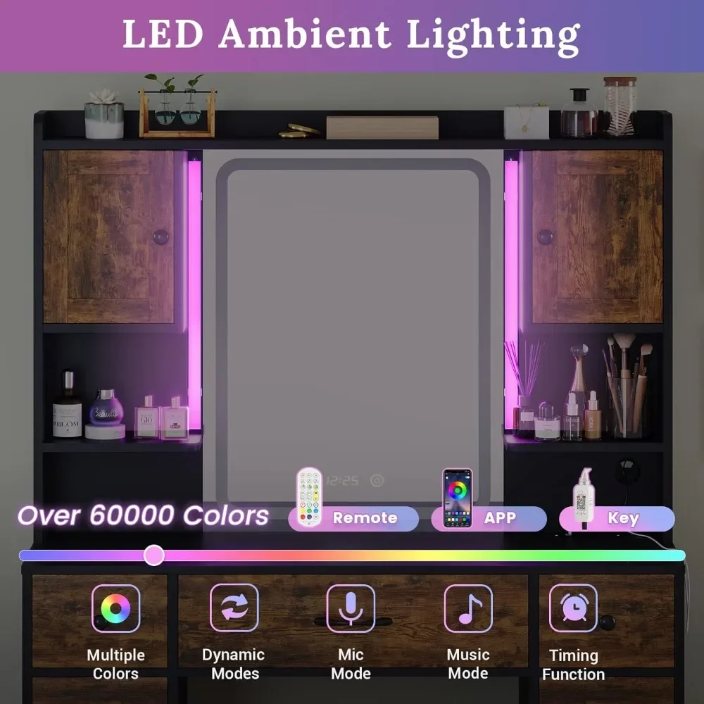 Tiptiper Makeup Vanity with Lights & Charging Station, Vanity Table with Time Display Mirror, Ambient Light, Storage Cabinets
