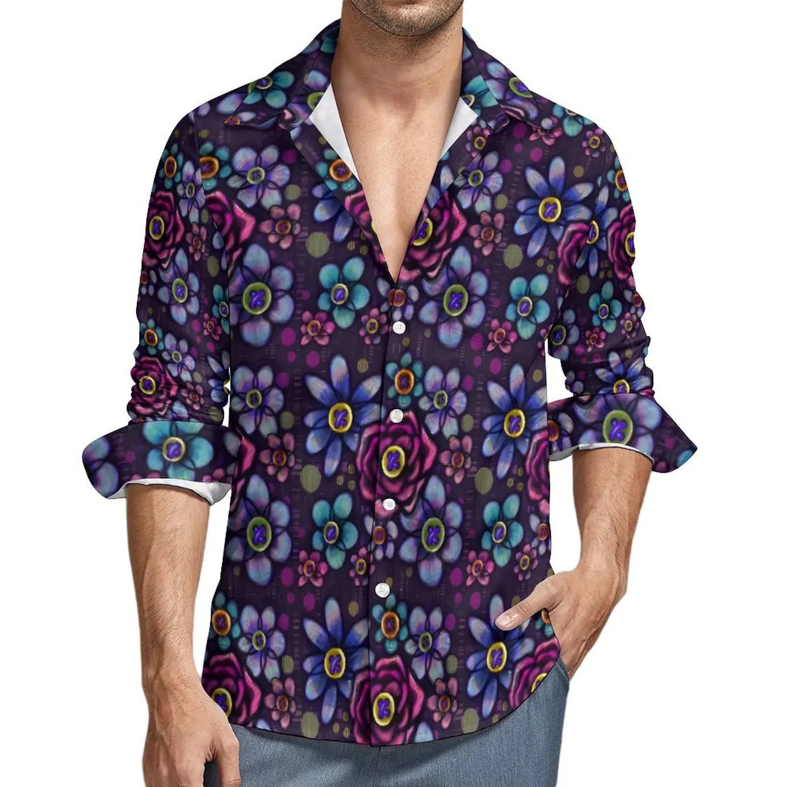 Camisa masculina vintage gótica casual camisas de manga longa estampa floral harajuku blusas outono design solto roupas de grandes dimensões