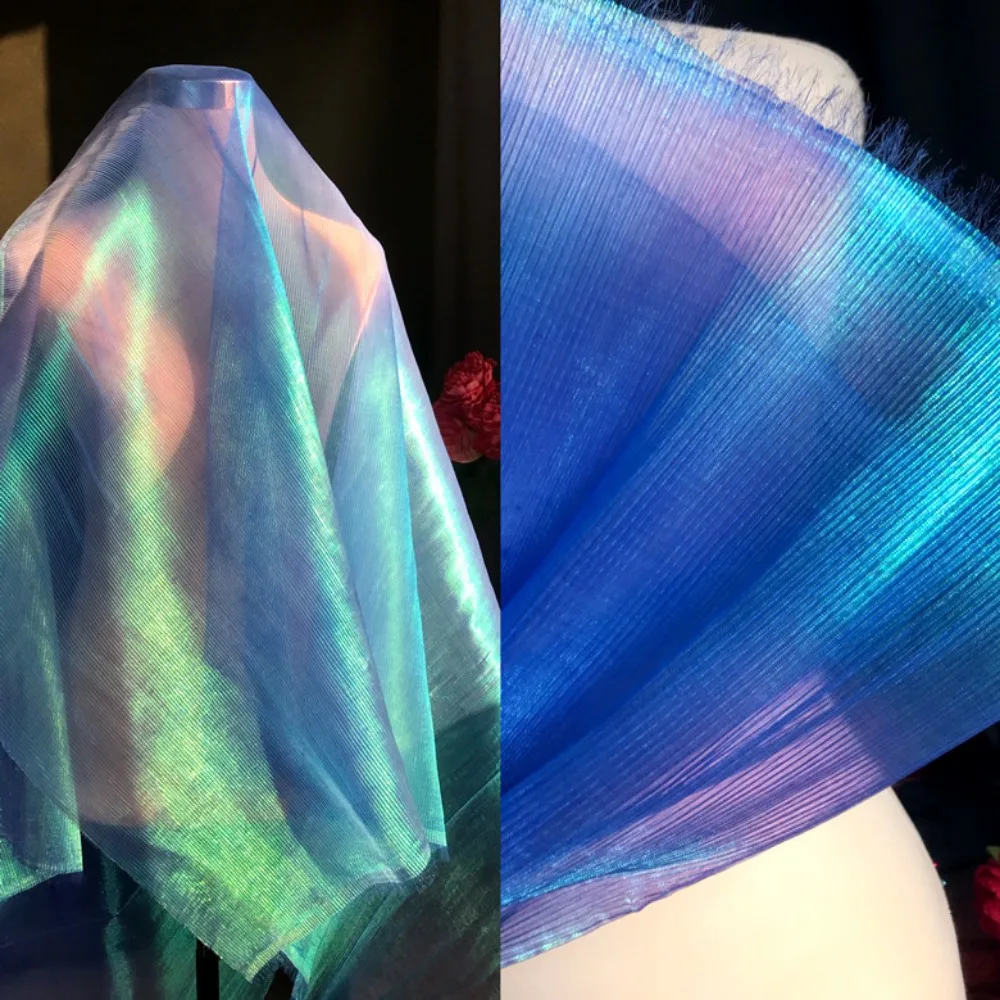 Fashion 100x150cm Organza Fabric Pleated Mermaid Fairy Designer Cloth Colorful Straighten Apparel Sewing Fabrics Wedding Dress