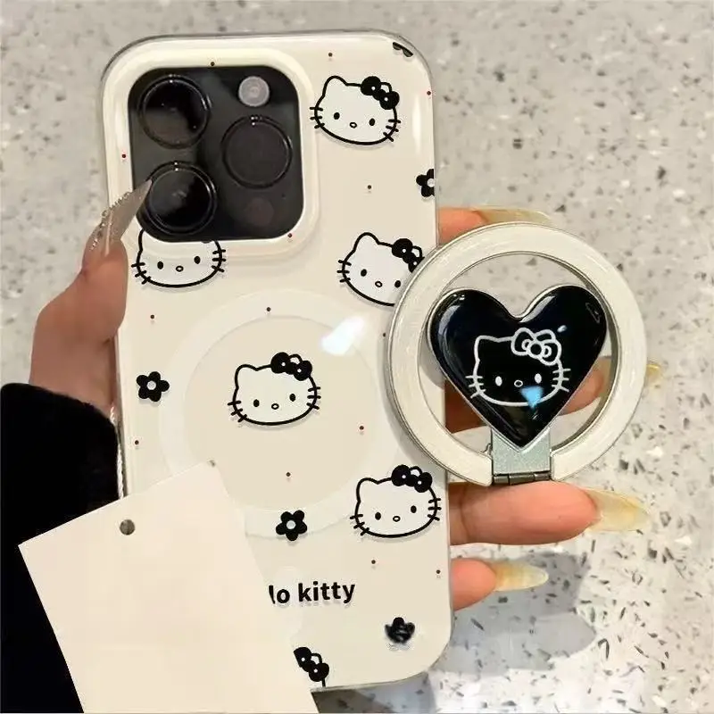 Новый магнитный чехол для телефона с аниме-дизайном Black Flower Sanrio Hello Kitty для iPhone 17, 15, 14, 13, 12. Мультяшный, кавайный, противоударный, износостойкий.