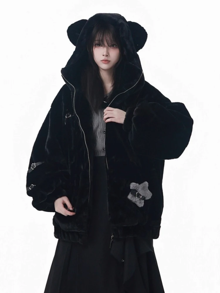 PinkSavior Original moda dulce chica fresca con capucha cremallera suelta Casual abrigo de piel sintética para mujeres invierno grueso cálido chaquetas cortas