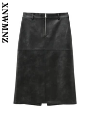 XNWMNZ Woman's 2024 New Summer Vintage zipper Leather Skirt Female Casual Regular Fit Solid Color Imitation Leather Midi Skirt