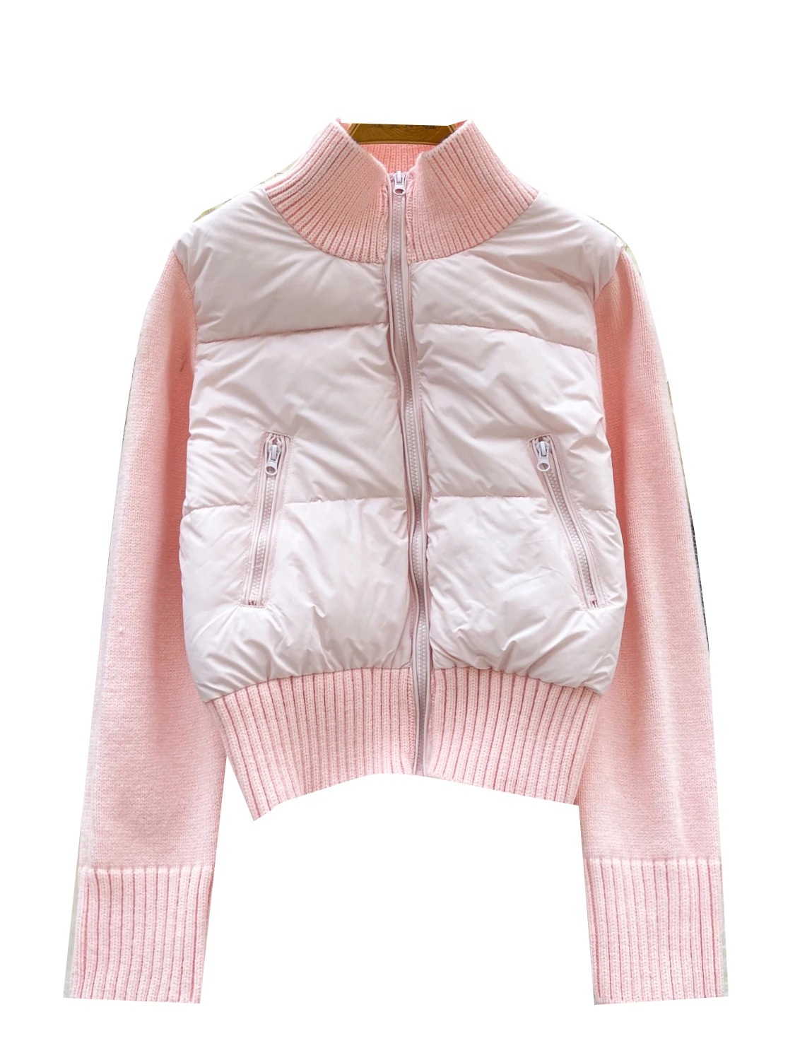 Damska dzianinowa bluza patchworkowa z bawełny, luźny krój, stójka, ciepła, jesienno-zimowa, casualowa, uniwersalna odzież wierzchnia.