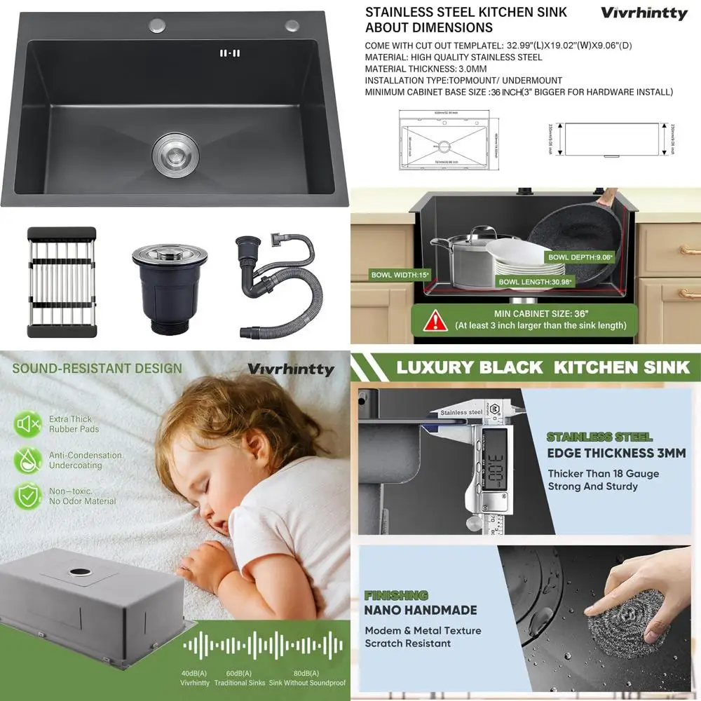 

Большая кухонная мойка из нержавеющей стали с верхним креплением и одной чашей, глубина 9, размер 33x19 для использования в прачечной