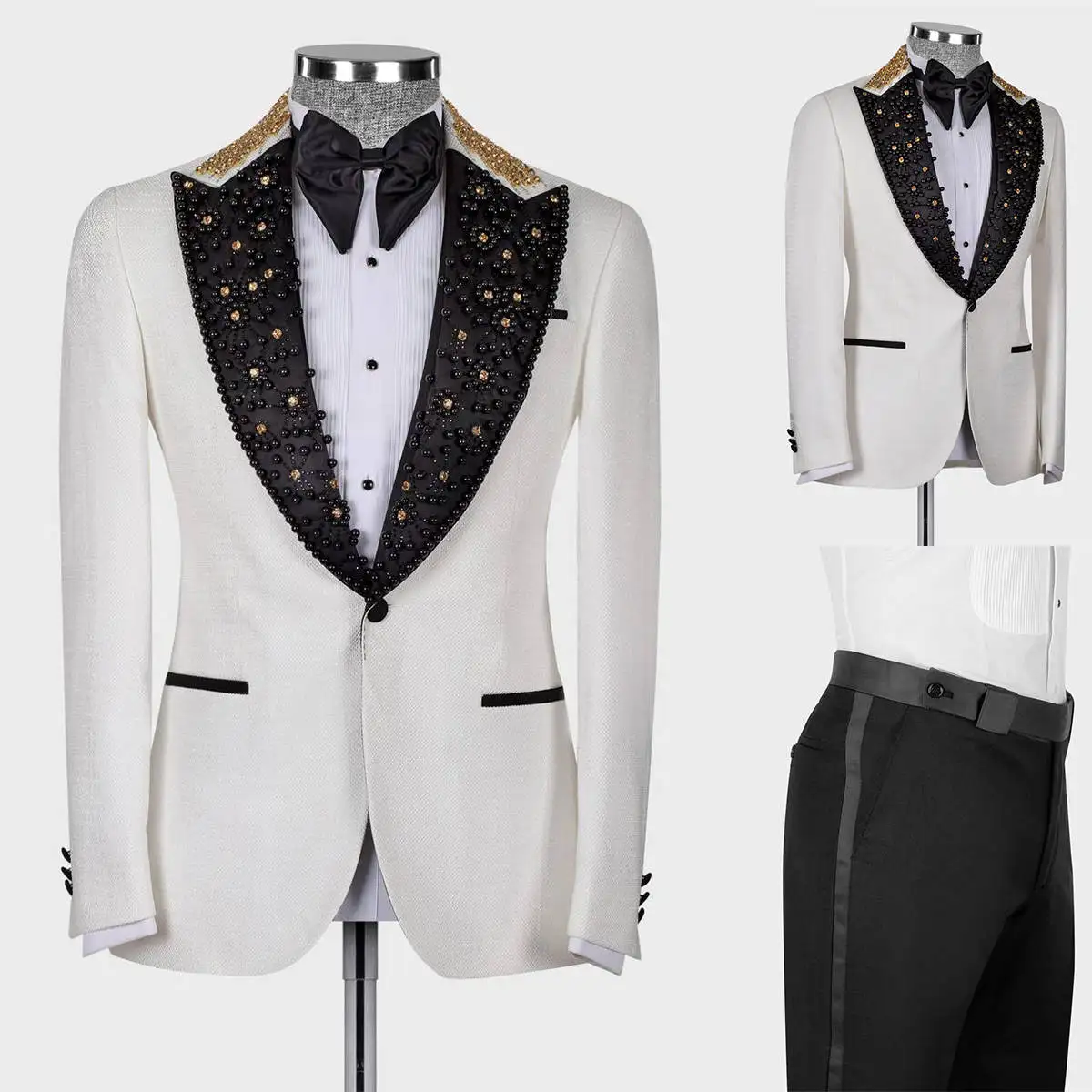 Conjunto de ternos de pérolas masculinos, smoking de casamento, blazer de 2 peças, calça personalizada, vestido de formatura, masculino, branco, festa, casaco, jaqueta