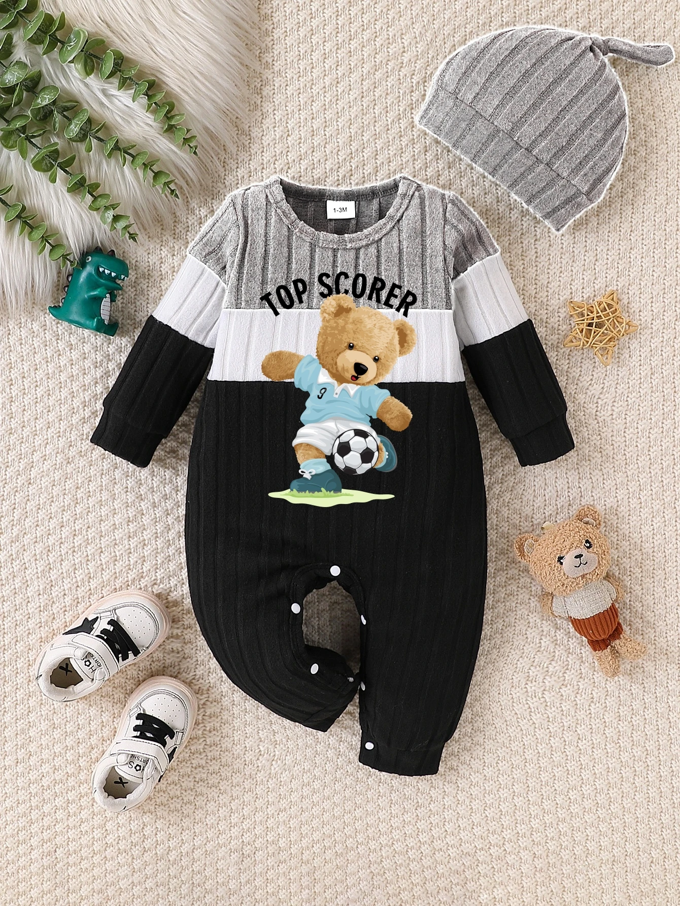 2Pcs Newborn Ribbed Romper with Hat, Cartoon Print Color Block Long Sleeve Baby Jumpsuit Set for 0-18M Boys