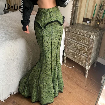 Darlingaga Vintage Mode Elegante Groene Trompet Lange Rok Grafisch Gedrukt Kanten Rand Y2K Hoge Taille Rok Dames Jaren 2000 Esthetisch