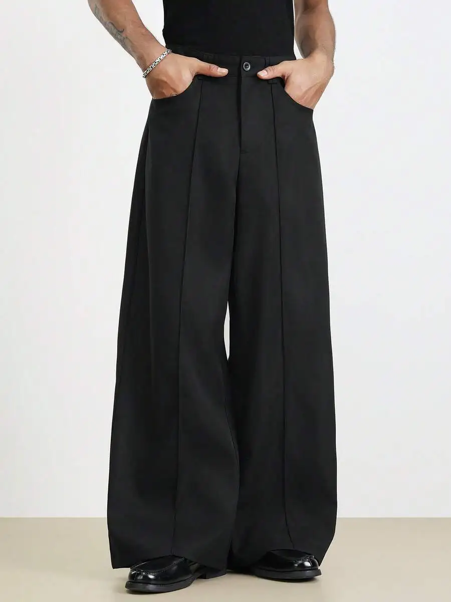 Mens Casual Solid Black Loose Wide Leg Trousers For Fall