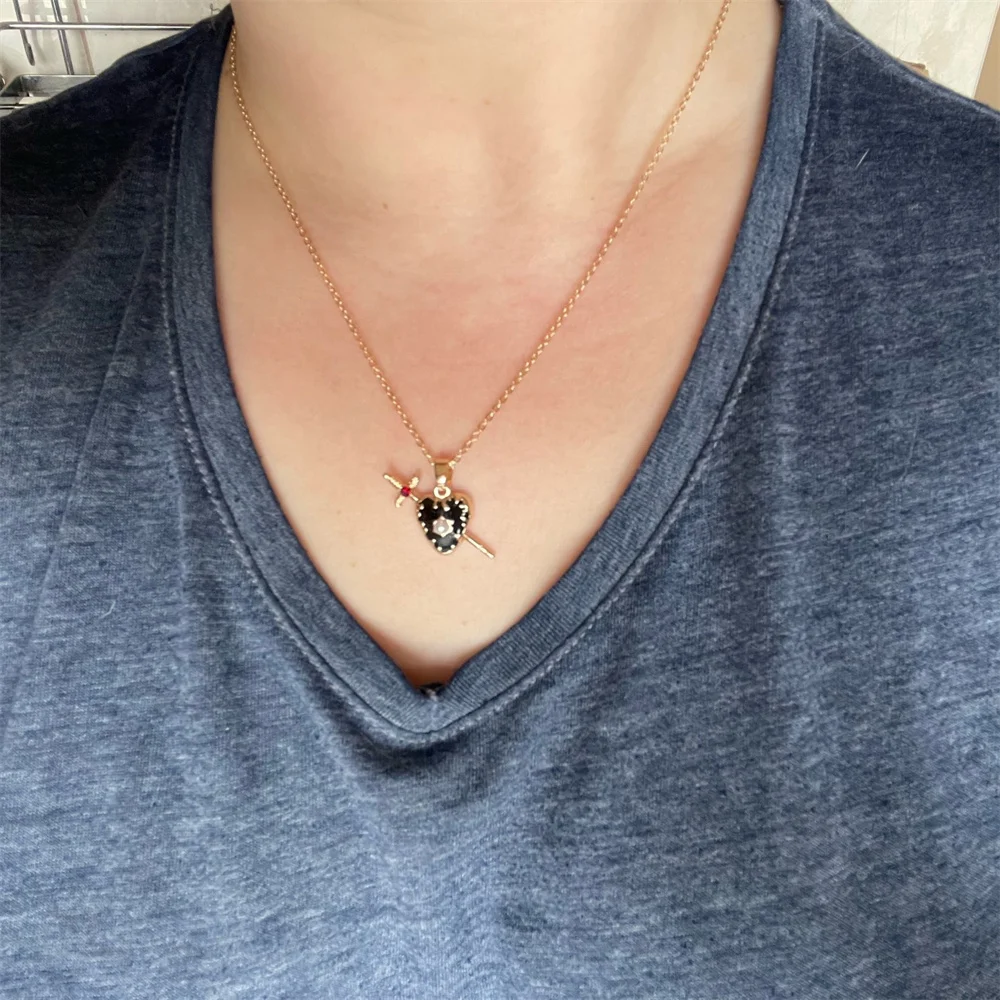Gothic Gold Color Plating Sword Go Through Black Enamel Heart Charm Delicate Necklace For Women Girl Lovely Chic Unique Jewelry