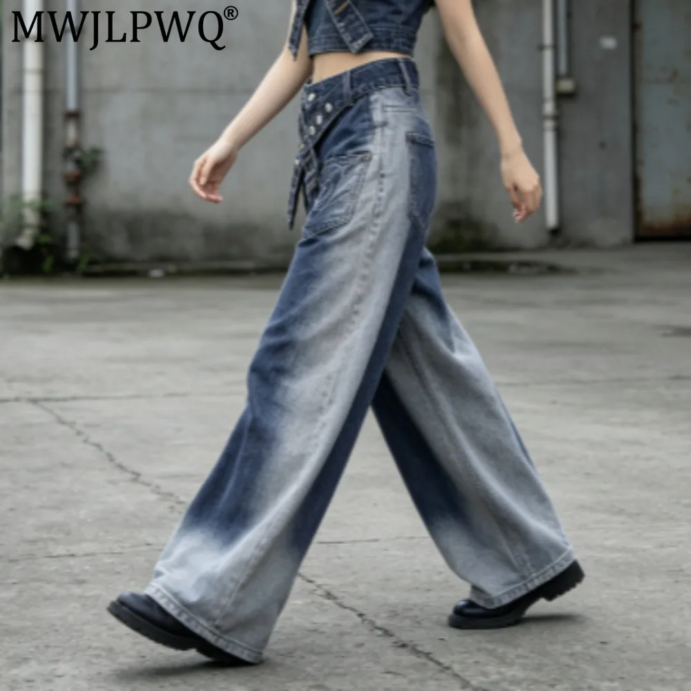 MWJLPWQ Men's Autumn Trendy Jeans Loose Wide-Leg Unique Pocket Design Gradient Wash Distressed Curved Silhouette Trousers 20864