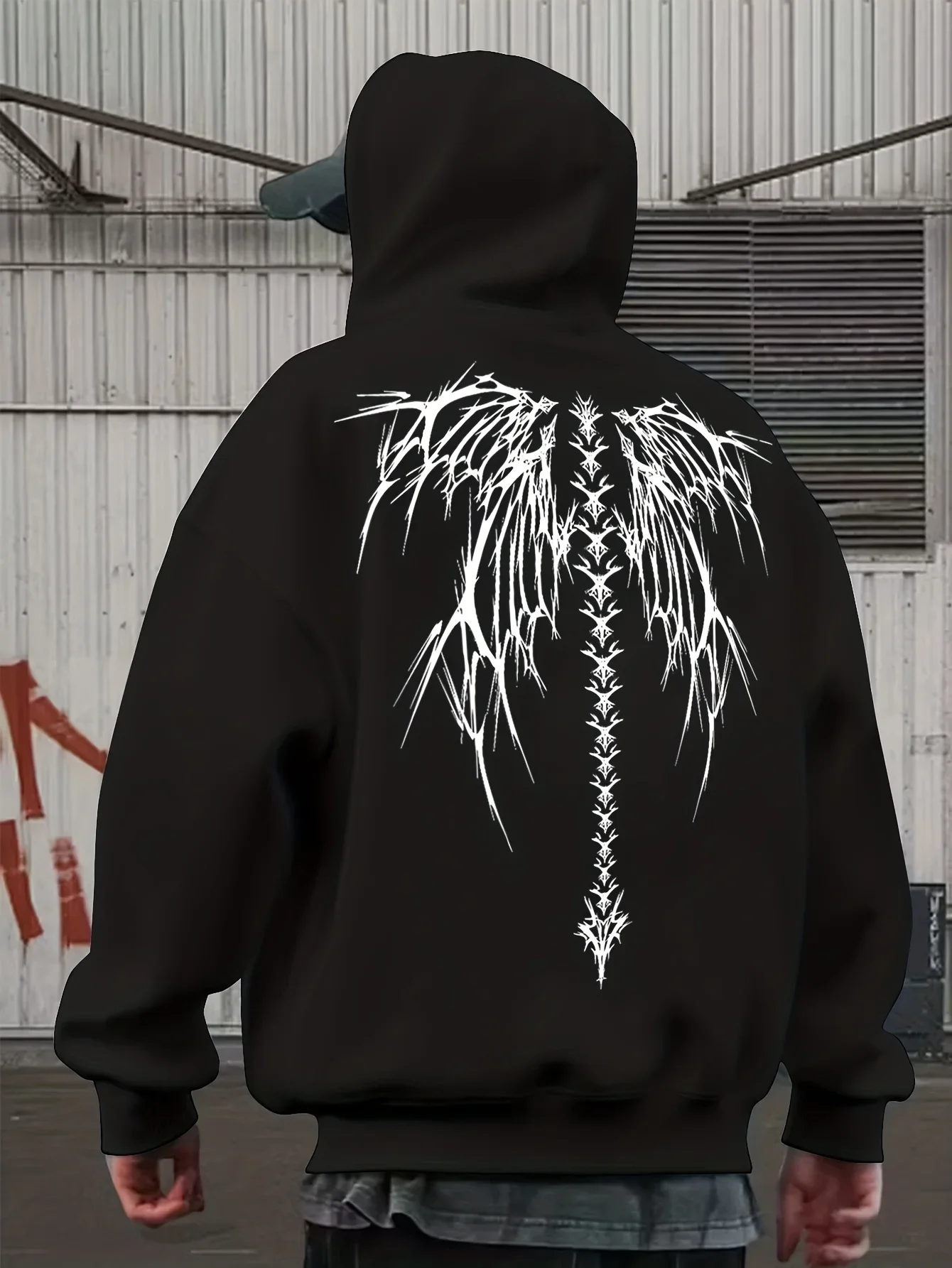 Cyber Sigil Hoodie, Unisex Drawstring Hooded Sweatshirt Gothic Spine Wings Tribal Graphic Back Print Dark Streetwear Pullover