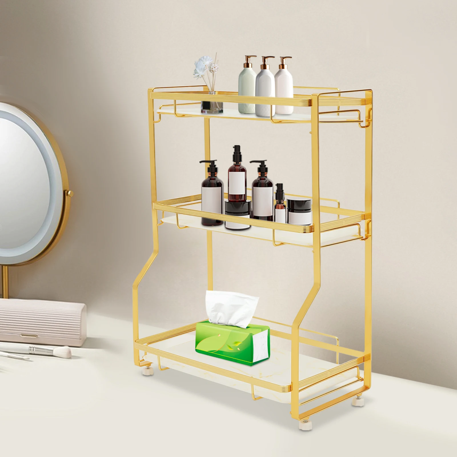 

Makeup Organizer 3 Tier Bathroom Counter Cosmetic Storage Shelf Dresser Wire Vanity Basket Marble Glass Tray Kitchen Spice