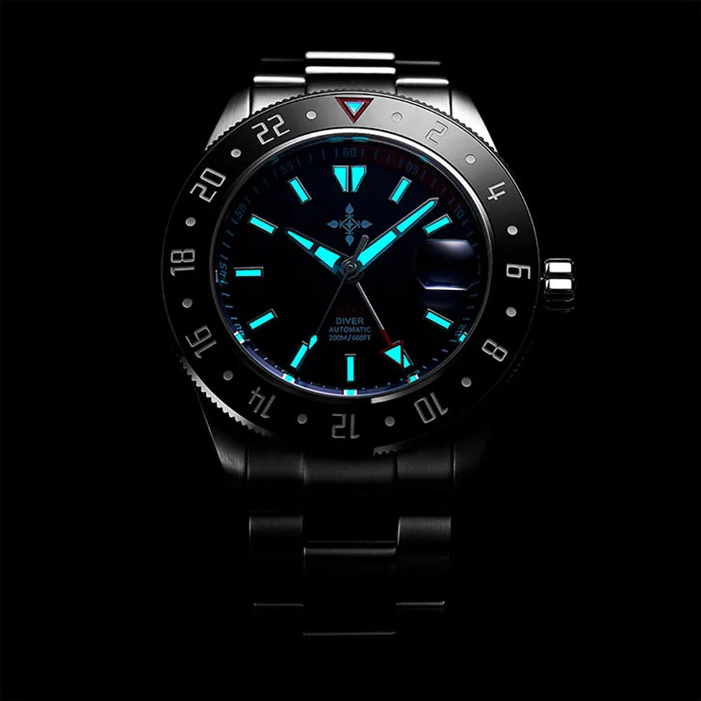 42mm Sports Diving Watch GMT 200M Waterproof Luminous Sapphire Glass Men\'s Stainless Steel Automatic Wristwatch Free Shipping