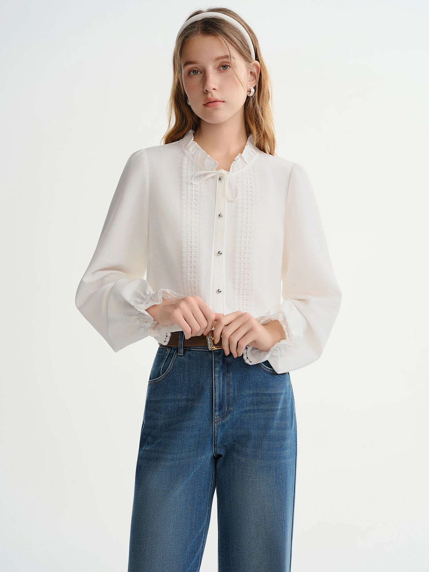 DUSHU Plus-size Women's Clothing Jasmine Tale French-style Wooden Collar Stay Tie-front White Shirt Winter 2025 New Slimming Top