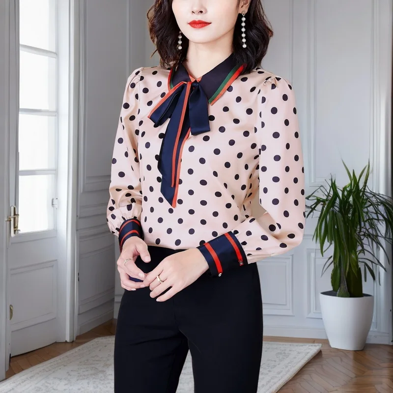 

Satin Blouse Women Korean Lace-up Bow Women's Clothing 2024 Autumn Femme Chic Elegant Ladies Tops Long Sleeves Polka Dot Shirts