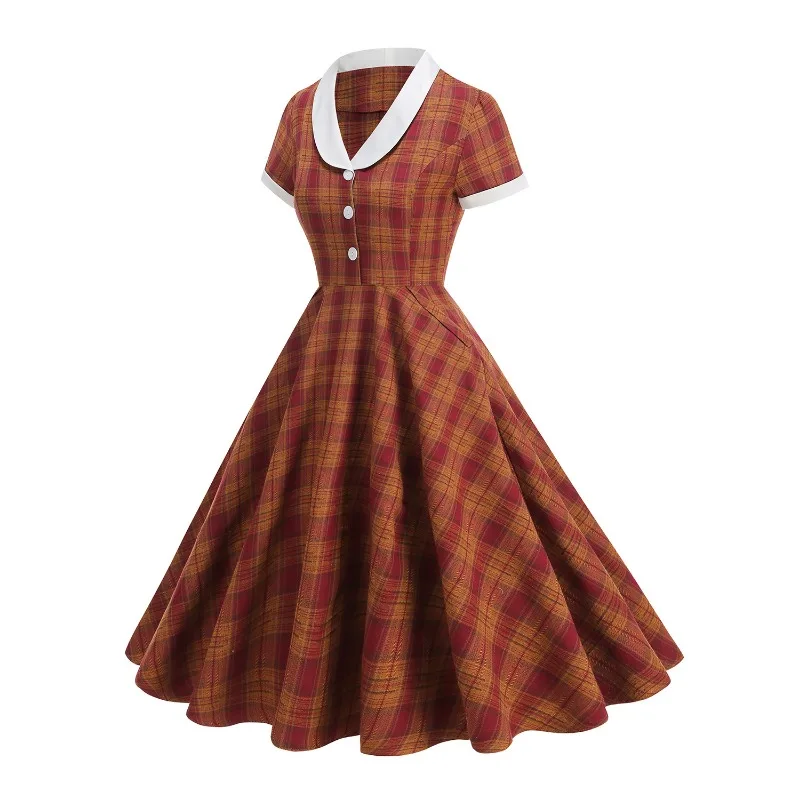 2025 New Vintage Shawl Collar Buttons Front Plaid Rockabilly Long Dresses Autumn Winter Pockets Side Elegant Women's Swing Dress