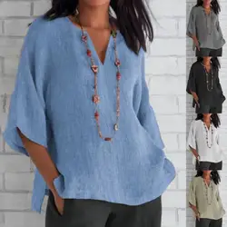 Dames Effen Colour Katoenen Linnen Shirt 2024 Zomer V-Hals Met 3/4 Mouwen Losse Casual Blouse Dames Tops S-3XL