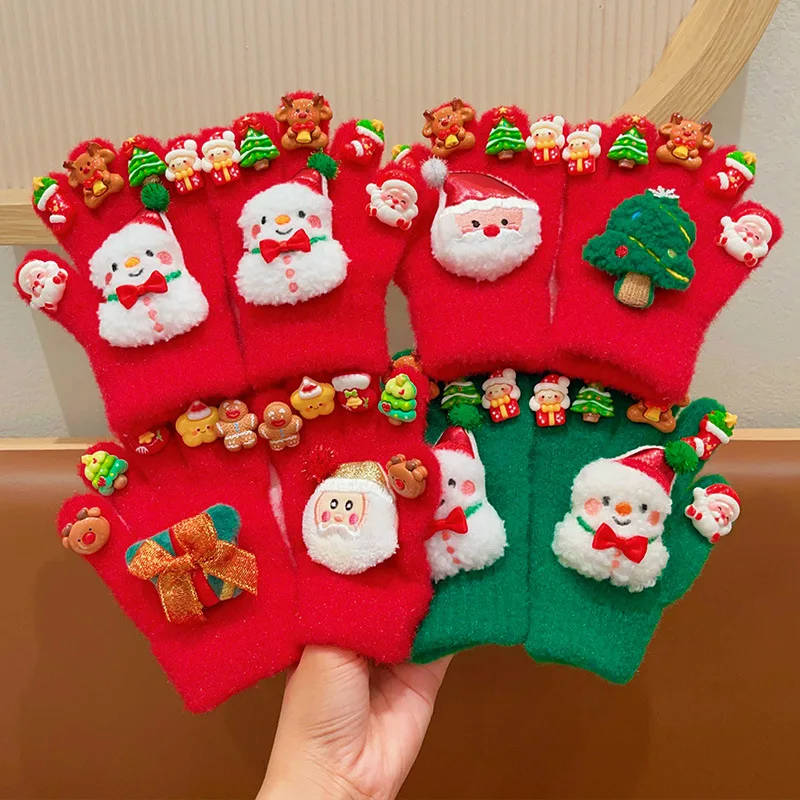 

Рождественские перчатки, мягкие и утолщенные варежки с длинными пальцами для мальчиков и девочек, теплые варежки с пятью пальцами для зимнего рождественского подарка