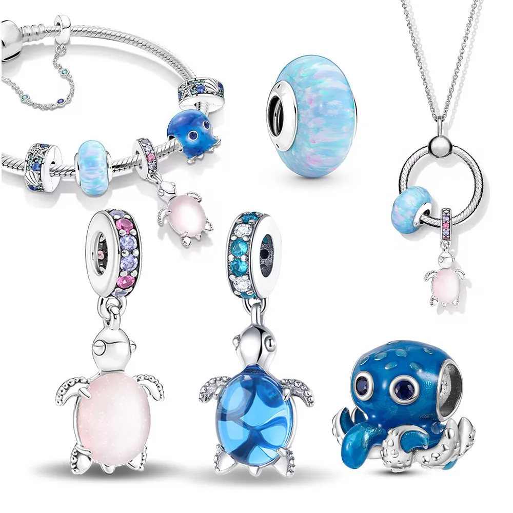 925 Sterling Silver Blue Pink Zircon Sea Turtle Octopus Charms Beads Fit Original Bracelet for Women Bead DIY Jewelry Gift