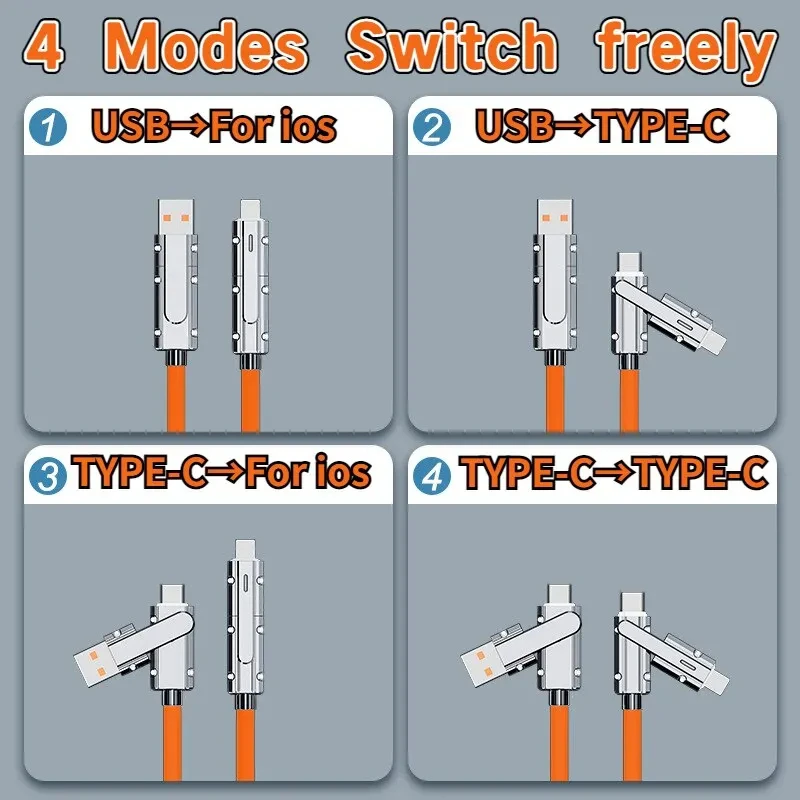 4 in 1 Silicone Type C To Typec Cable 2-In-2 66W Usb C Pd Fast Charging Cable for iPhone 14 13 12 11 pro Max iPad Xiaomi Samsung